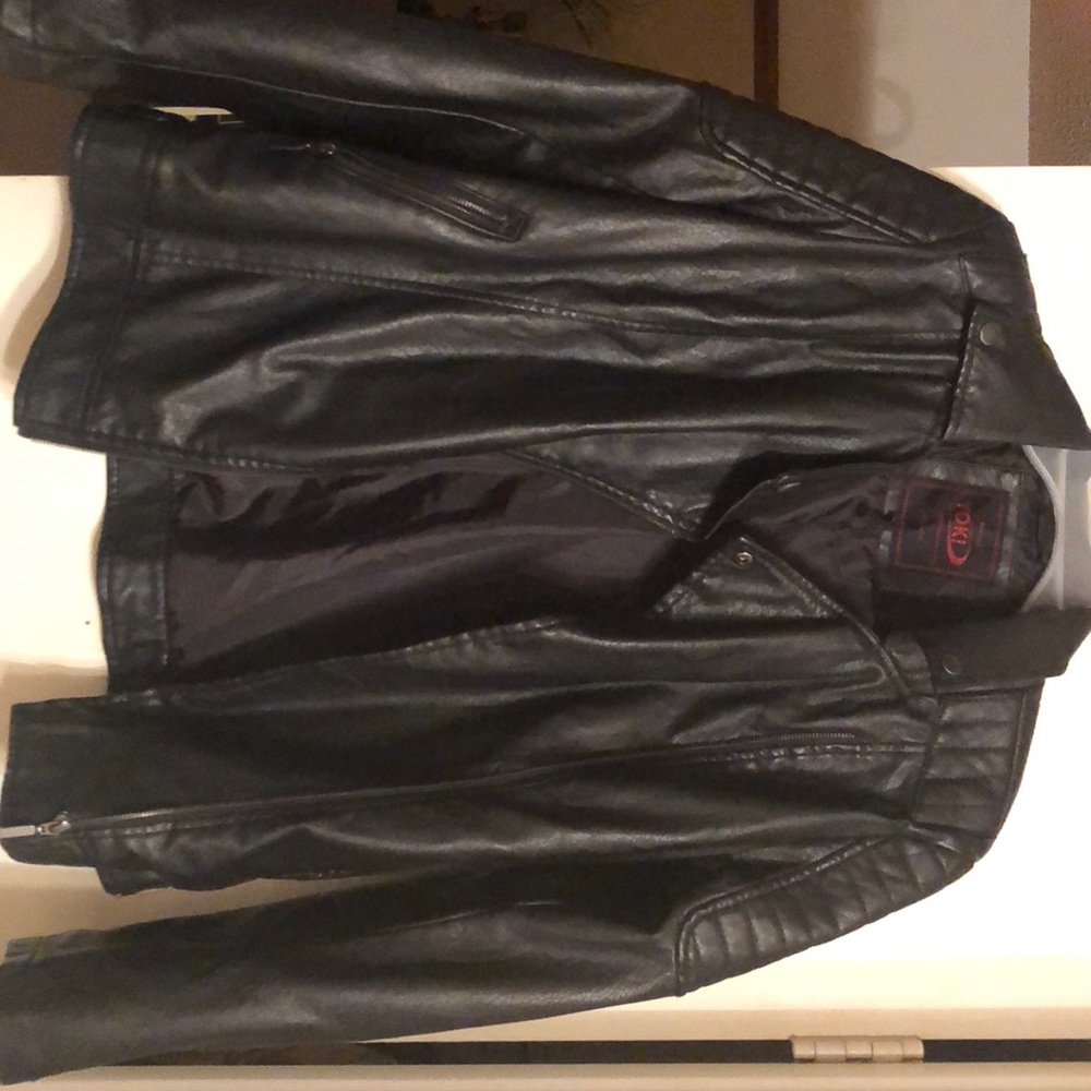 Black large leather jacket.